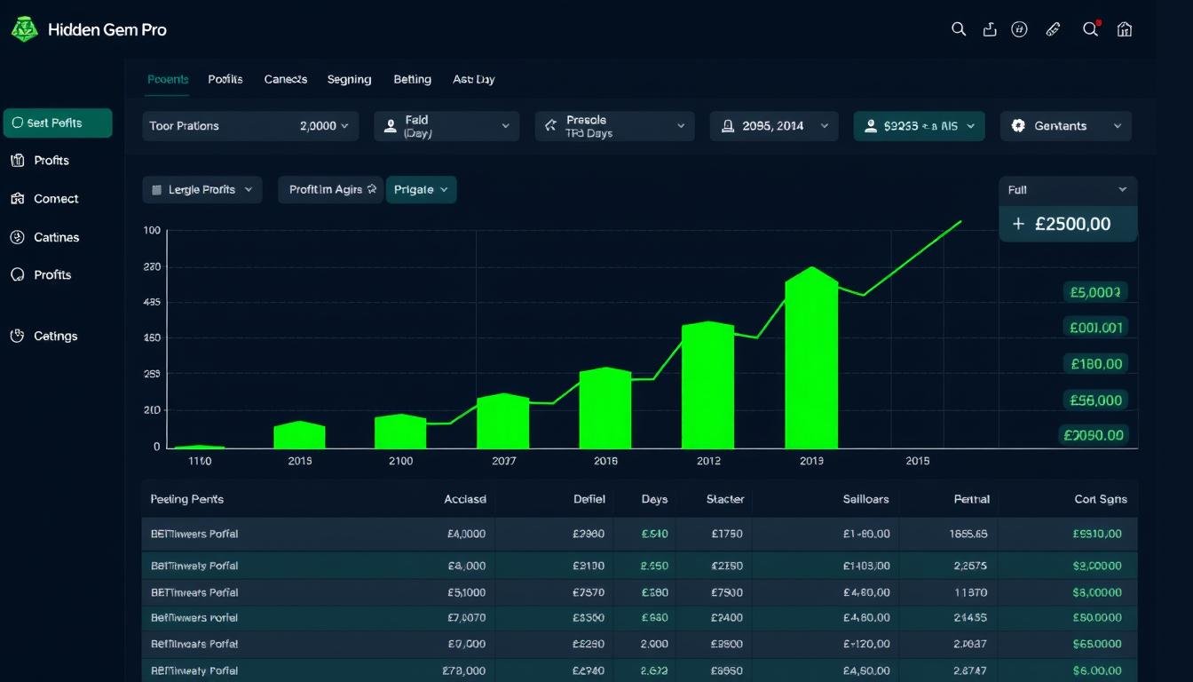 Hidden Gem Pro Betting Club dashboard showing profit growth from £100 to £2500